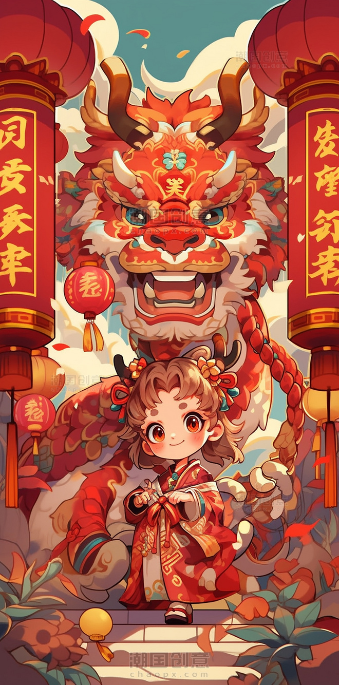 国潮风中国龙新年龙中国风格的卡通龙醒狮