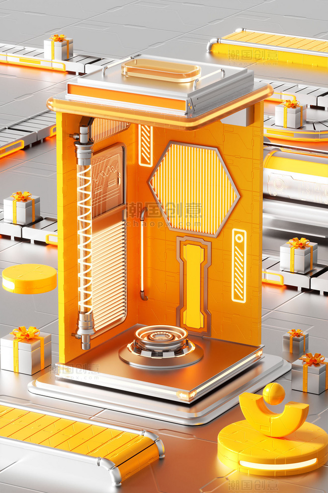 3D立体橙色系金属银科技展示柜电商场景