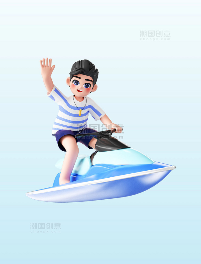 夏天3D立体海边沙滩冲浪人物玩水上快艇