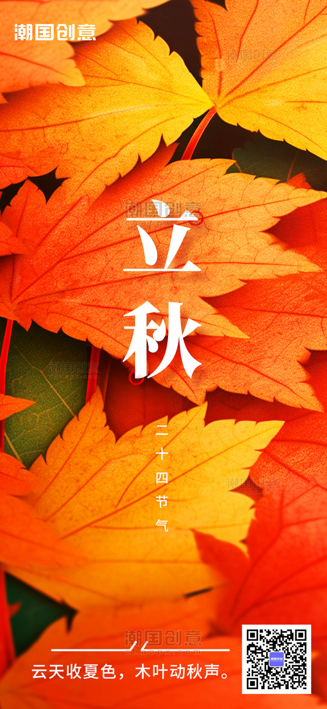 二十四节气立秋枫叶彩色简约手机海报