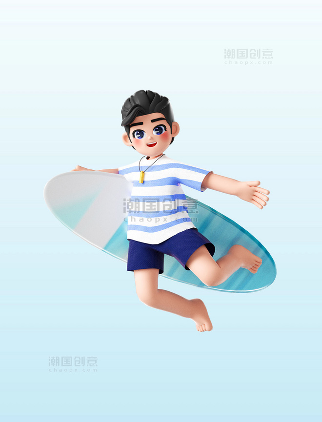 夏日夏天3D立体海边沙滩冲浪人物