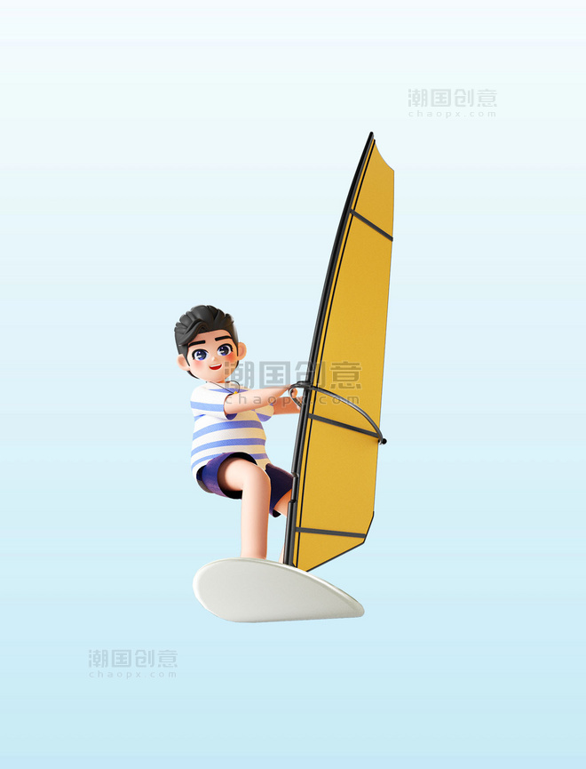 3D立体夏日夏天海边沙滩帆船冲浪人物