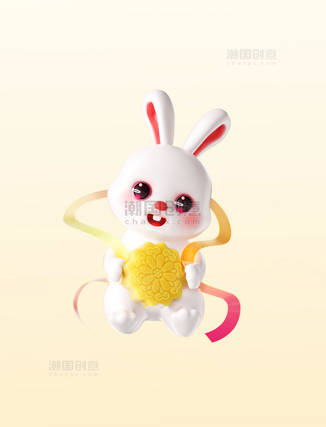 中秋节3D立体可爱兔子抱月饼形象动物拟人IP