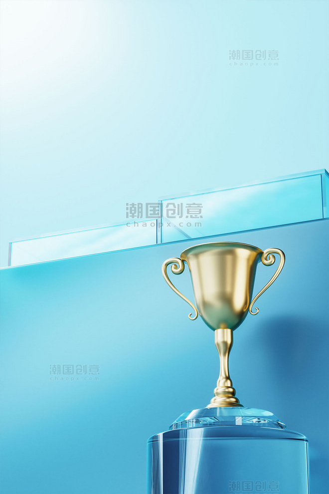 3D立体金属奖杯玻璃质感颁奖展台场景