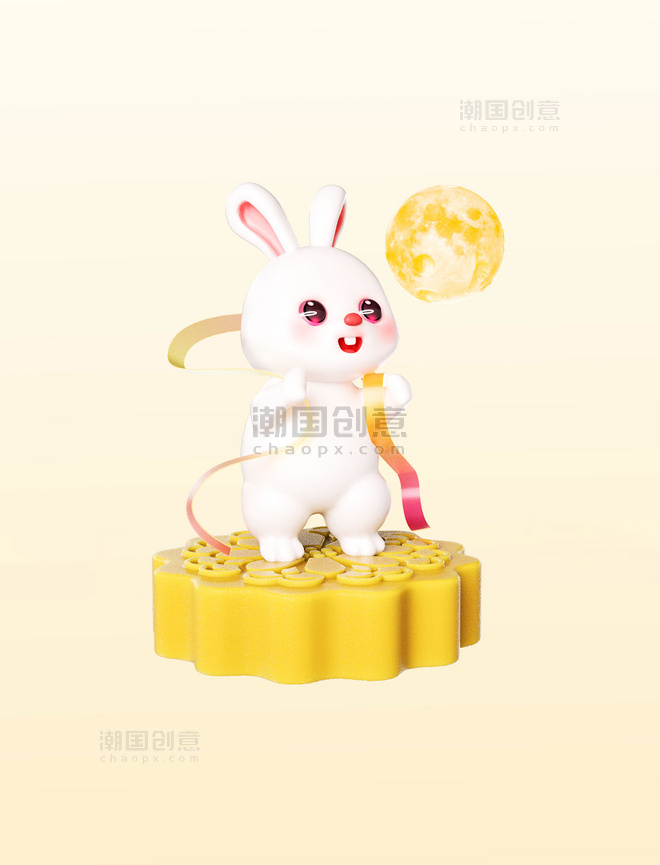 中秋节3D立体可爱兔子中秋赏月场景动物拟人IP