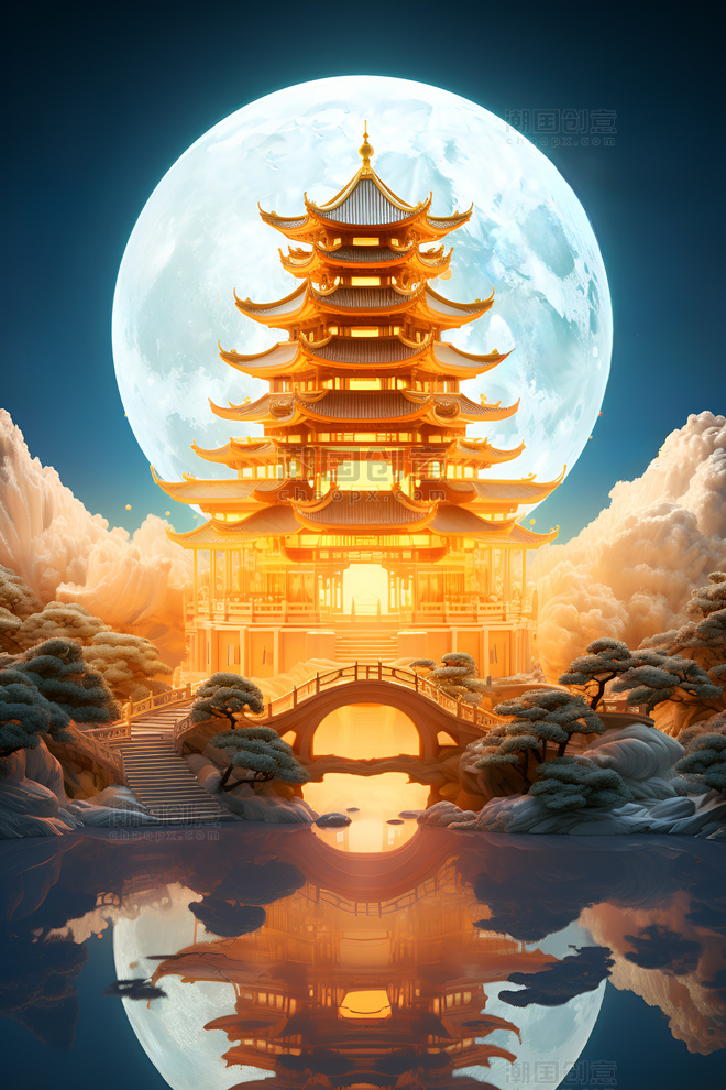 3D中秋满月中国风建筑产品展示背景插画