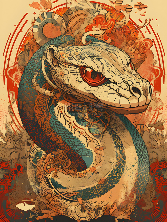 中国十二生肖巳蛇插画国潮中国风国潮动物