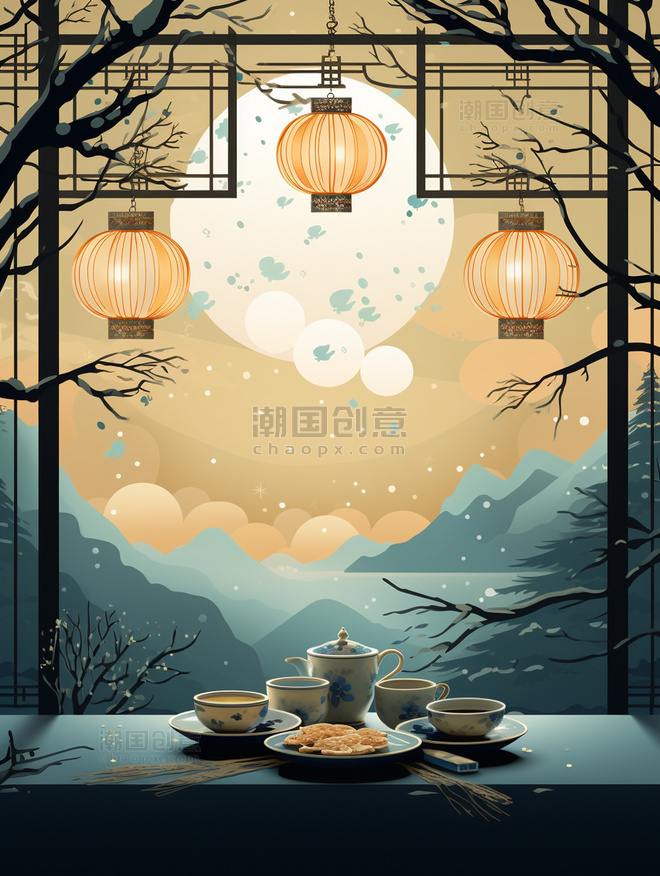 唯美月亮美食中秋传统节节日插画