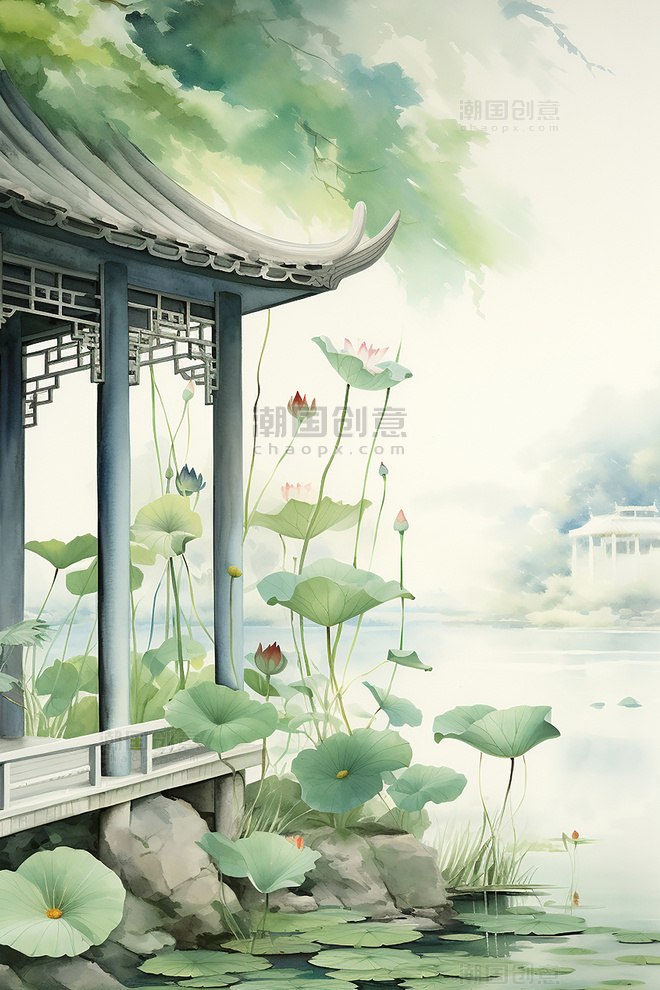夏天荷塘中国风莲花手绘大暑节气海报背景