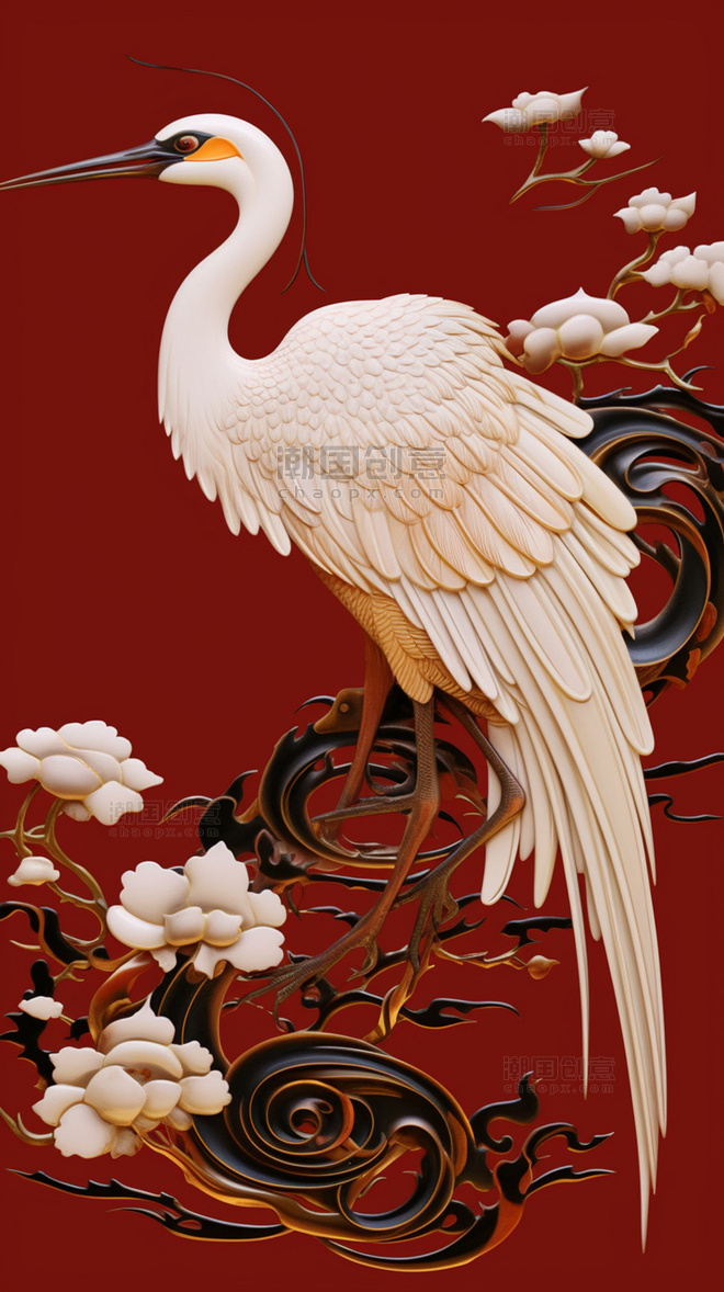 中国风仙鹤国潮白鹤红色背景插画动物花鸟红色