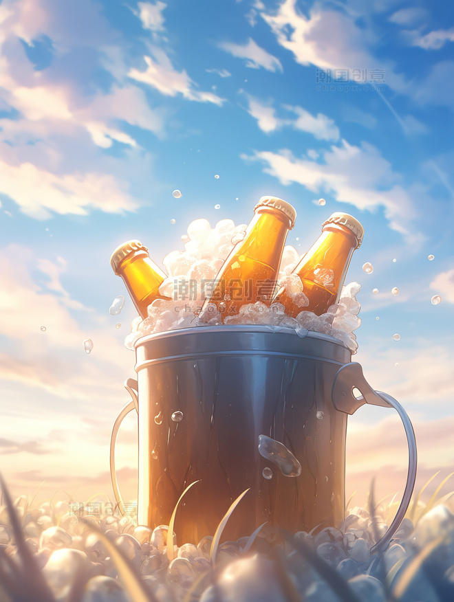 草地上冰桶里装满冰块啤酒插画夏天夏季