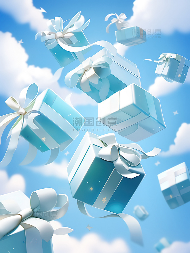 蓝天白云礼盒在空中飞舞礼物蓝色