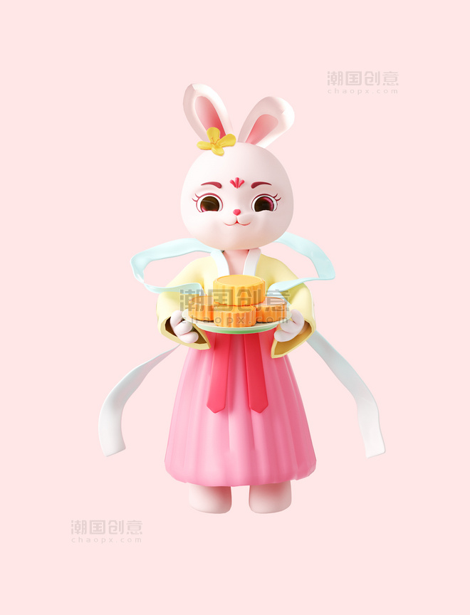 3d中秋节拿月饼兔子国潮IP拟人月饼礼物