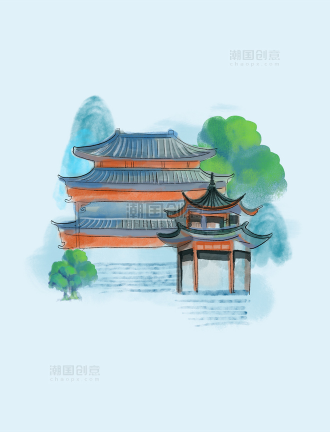 中国风中式创意水墨建筑水彩风格亭子