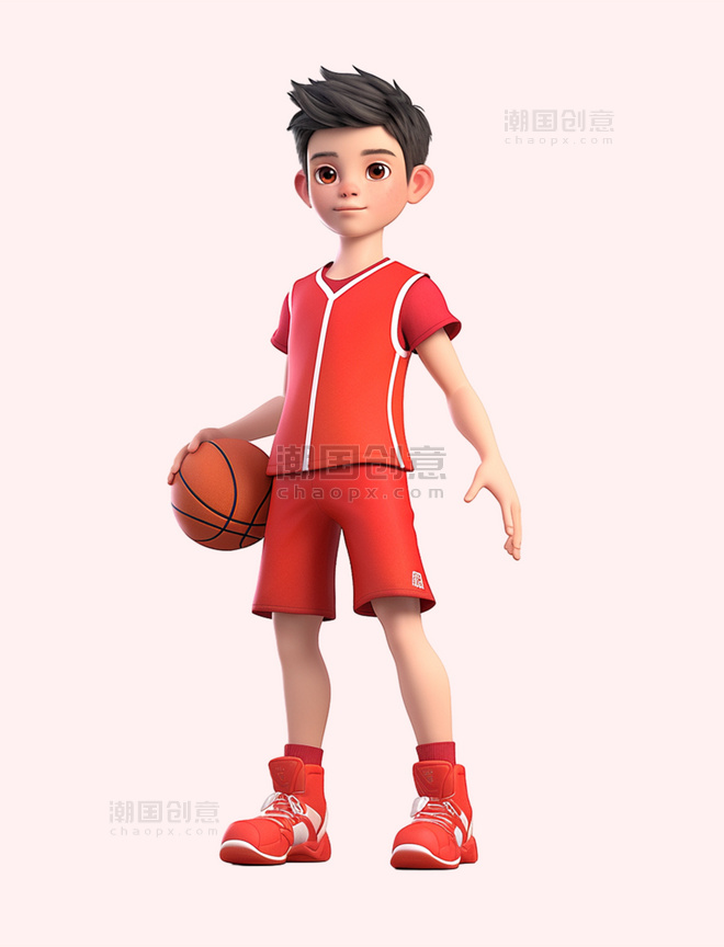 亚运会3D人物竞技比赛少年拿着篮球元素