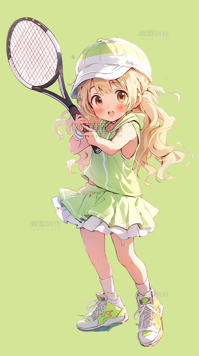 卷发女孩打网球戴网球帽