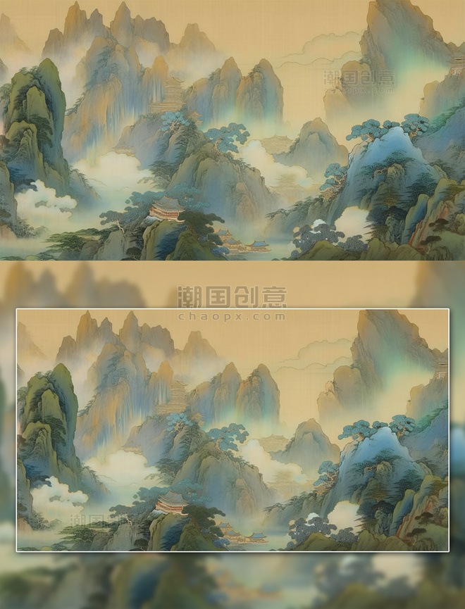 彩绘山水画千里江山图中国风国潮山水插画