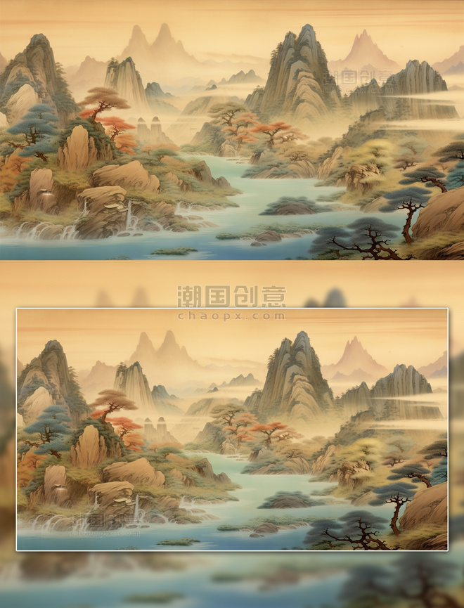 中国画山水千里江山图中国风国潮山水插画