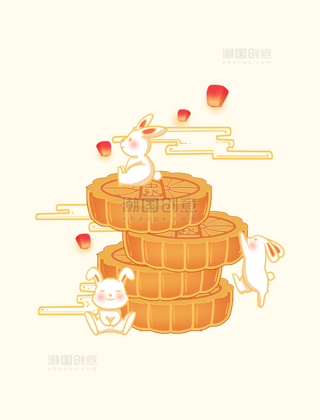 中秋节国潮风月饼和兔子