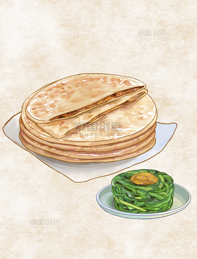 凉拌苦菜饼子中国风插画元素餐饮美食