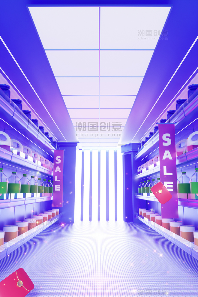 3D立体商店货柜购物紫色电商促销场景