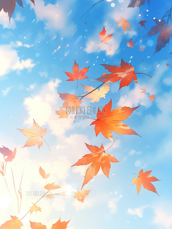 蓝天下秋天的红叶枫叶插画