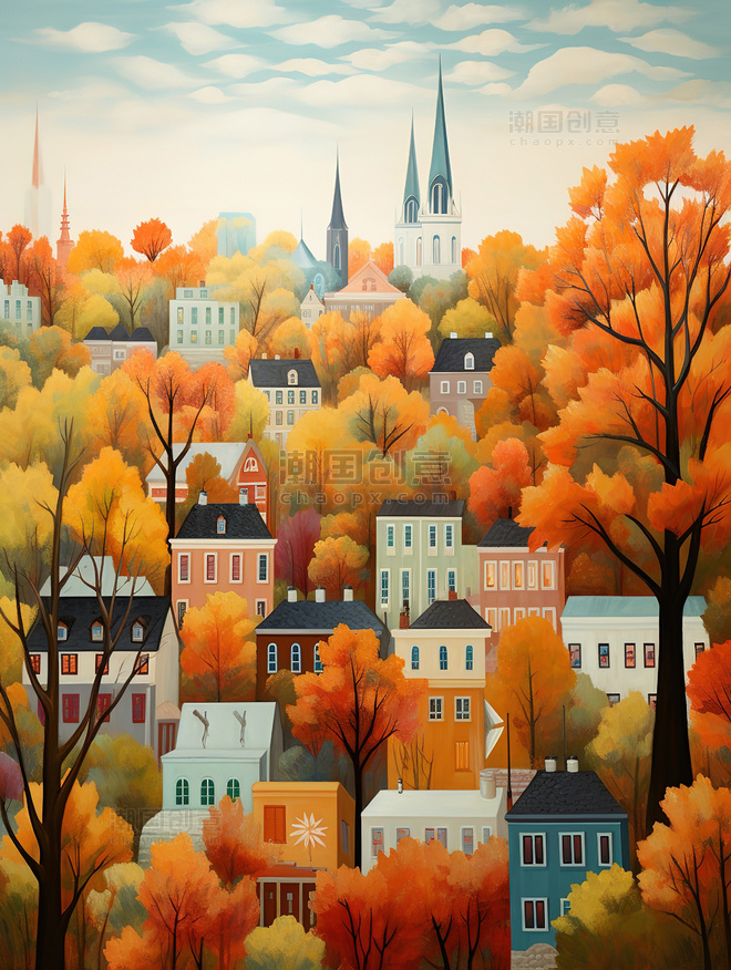 秋天的城市树木环绕的卡通小镇插画