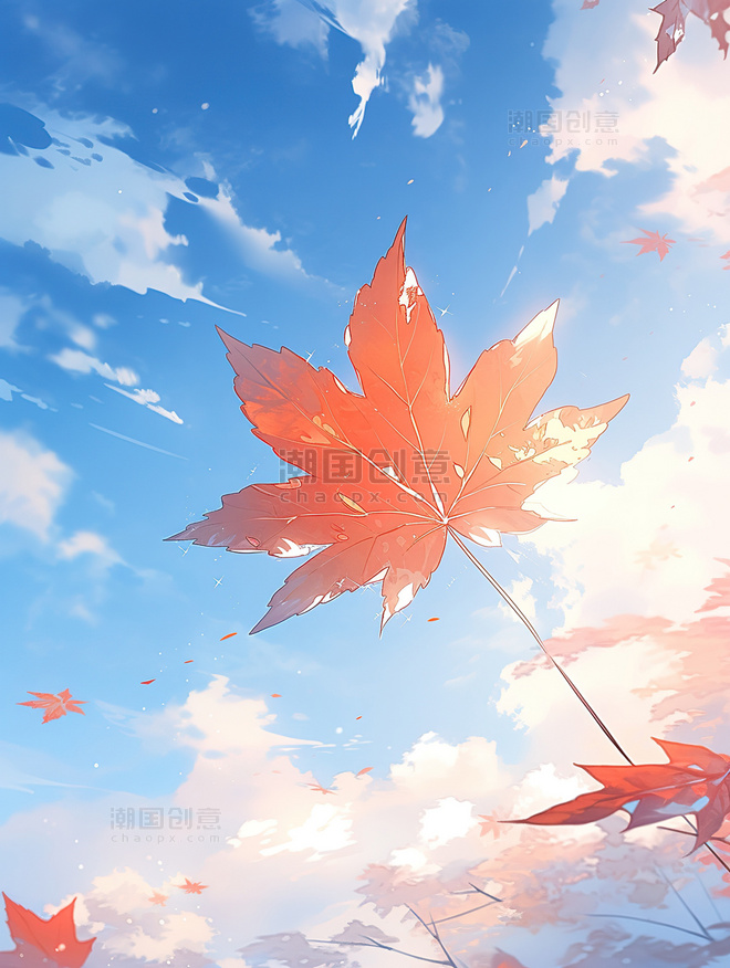 蓝天下秋天的枫叶插画