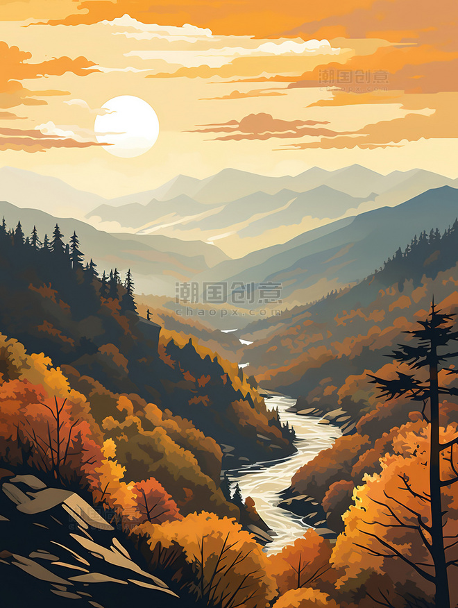秋天森林山河旅游海报插画