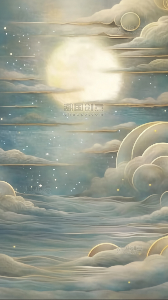 中国风中秋云海里的明月云层夜晚插画