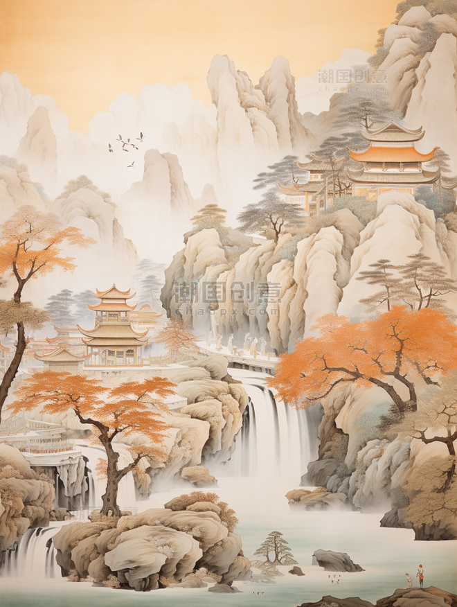 金秋秋季中国风山水风景意境插画