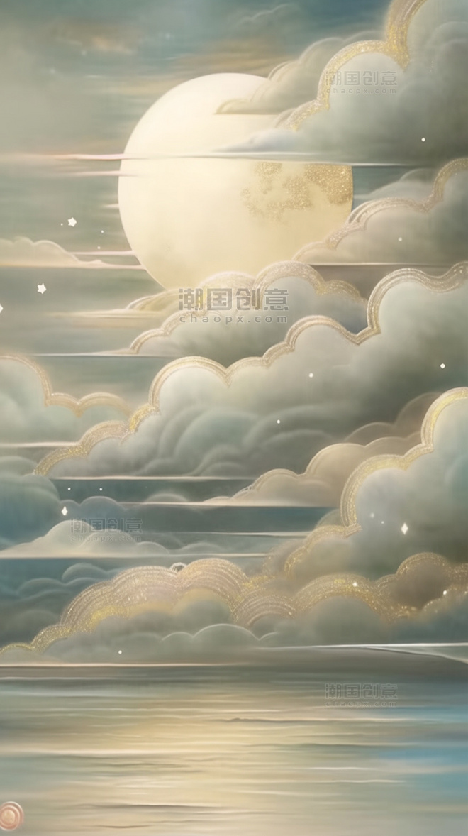 中国风中秋云海里的明月夜景插画