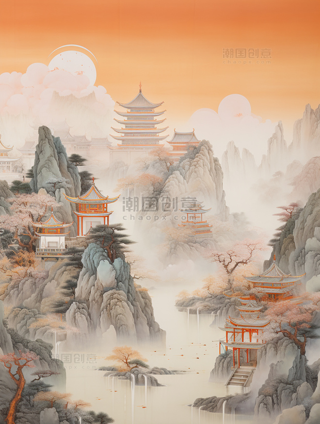 秋季中国风山水风景美景意境插画