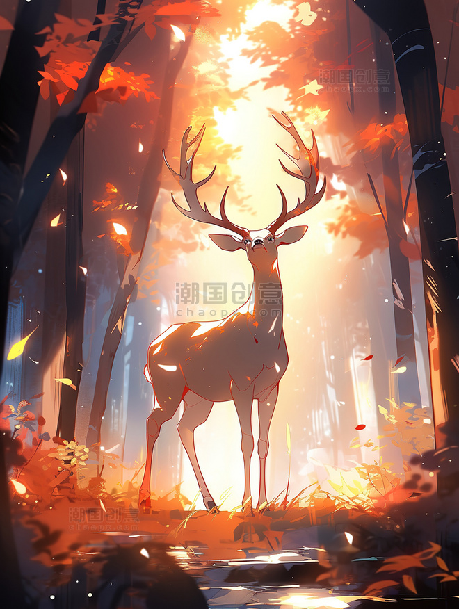 秋天树林美丽的鹿插画