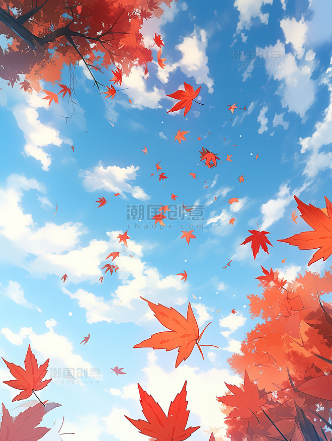 手绘蓝天下秋天的枫叶插画