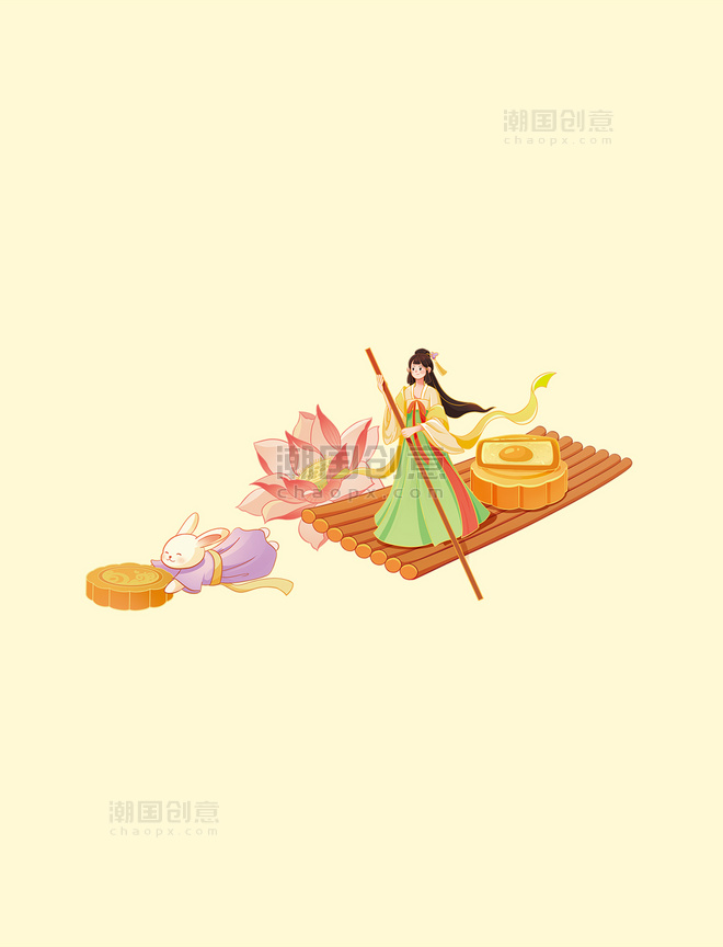 中秋节传统中国风习俗玉兔划船国潮插画元素