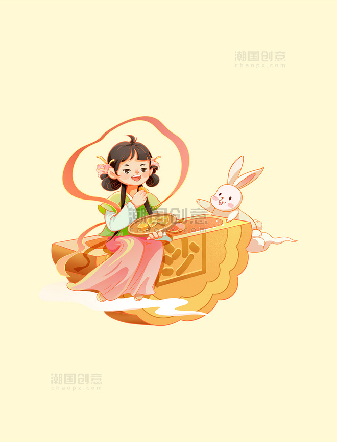 中秋佳节中秋中秋节女孩吃月饼赏月玉兔中国风元素