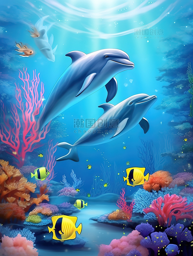 海底世界海豚珊瑚卡通神秘海底插画 