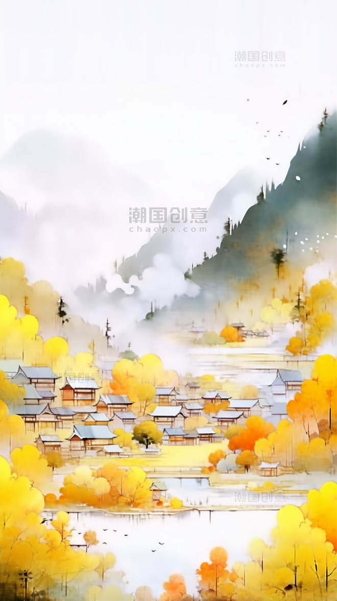 美丽的秋天透明质感水彩秋天黄色插画