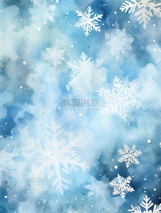 水彩蓝色美丽的白色雪花背景