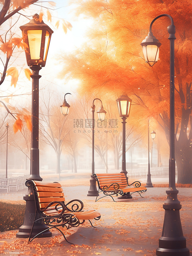 秋季城市公园长椅路灯落叶秋天