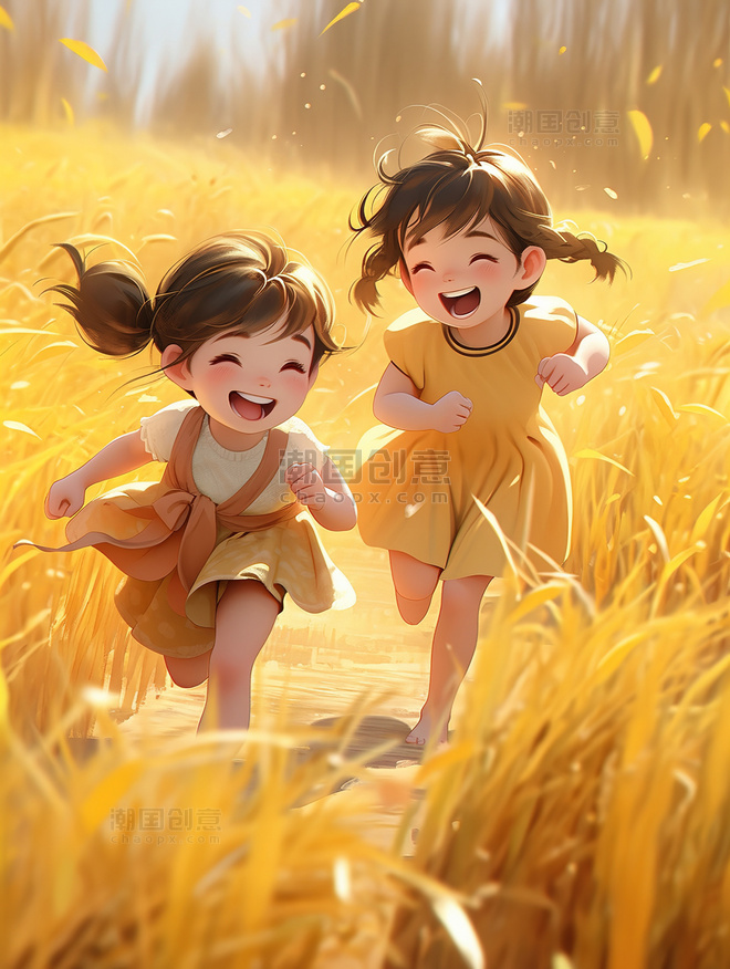 开心女孩在路上奔跑金黄色的麦田秋天秋季收获童年