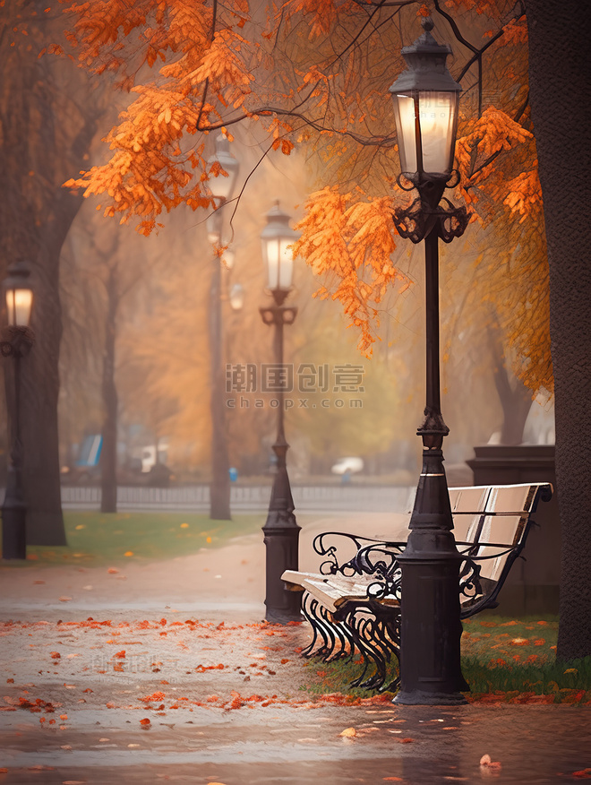 秋季城市公园长椅路灯秋色秋天深秋落叶