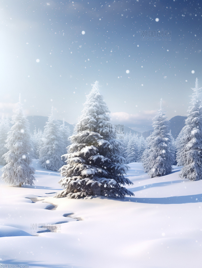 冬天雪地森林里的圣诞树大雪雪景
