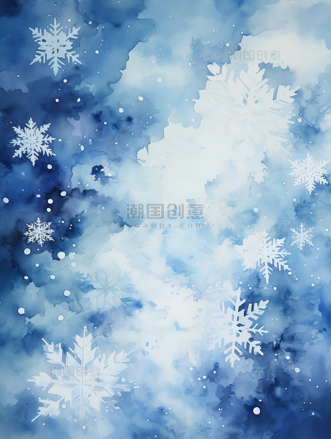 蓝色水彩美丽的白色雪花背景