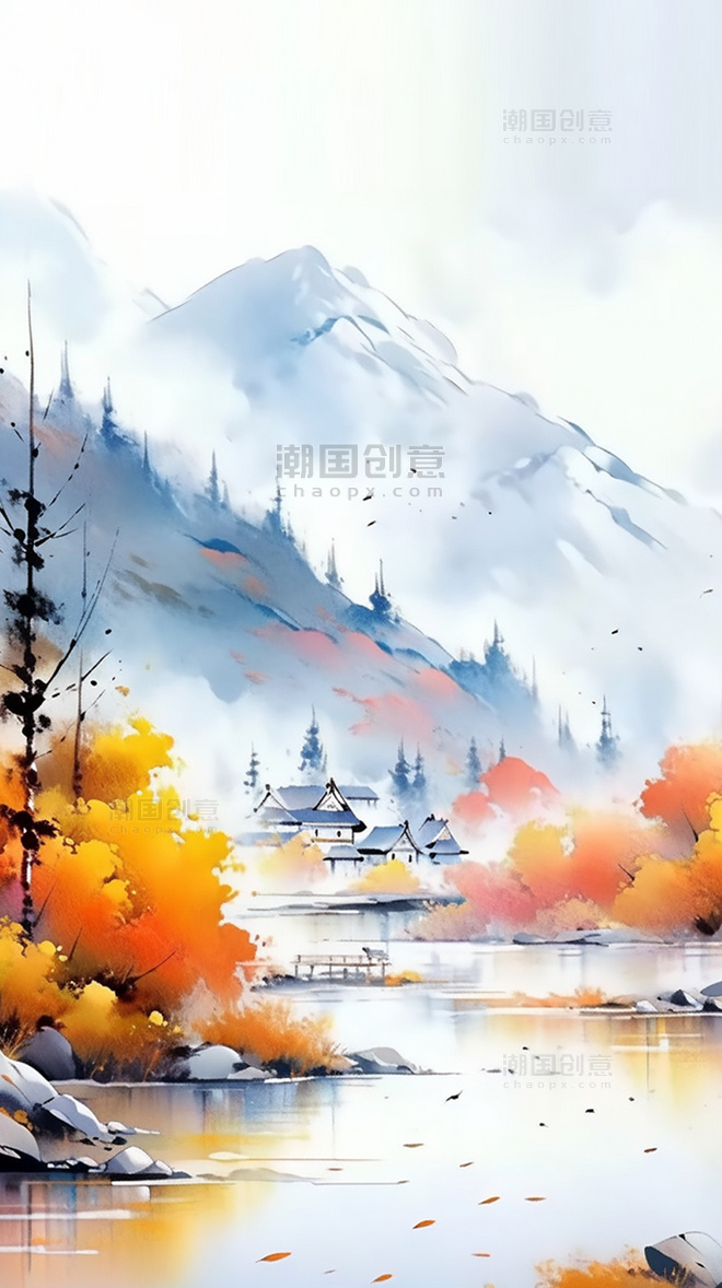 美丽的秋天透明质感水彩秋天橙色插画