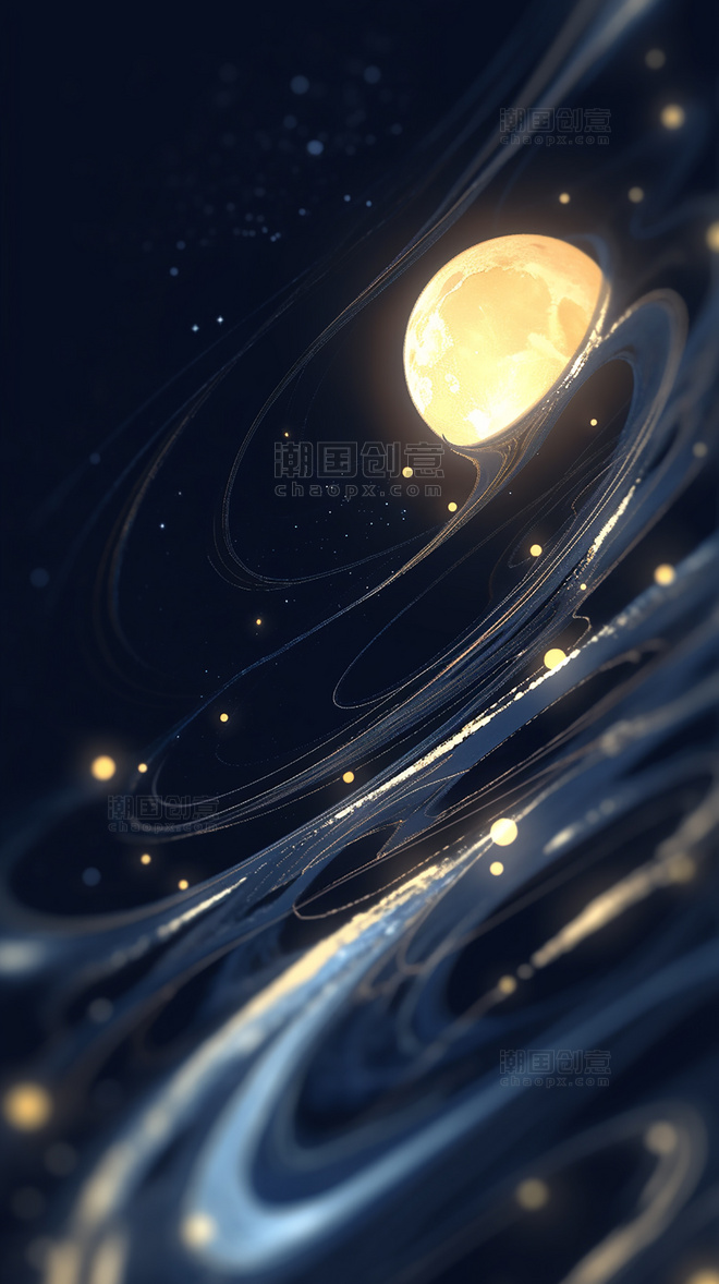 创意蓝金色中秋节月亮质感纹理抽象宇宙背景