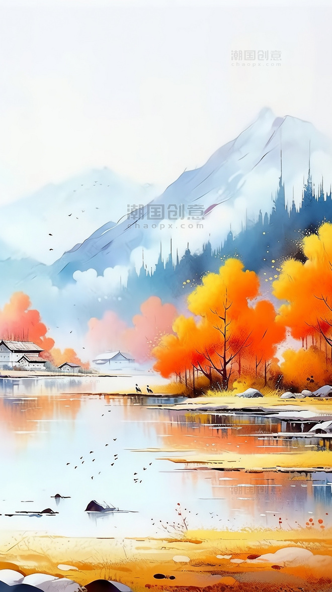 美丽的秋天透明质感水彩秋天树林插画