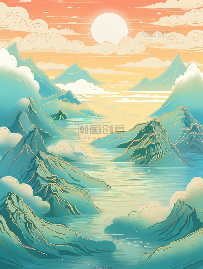 中国风浅青色和金色山水插画3