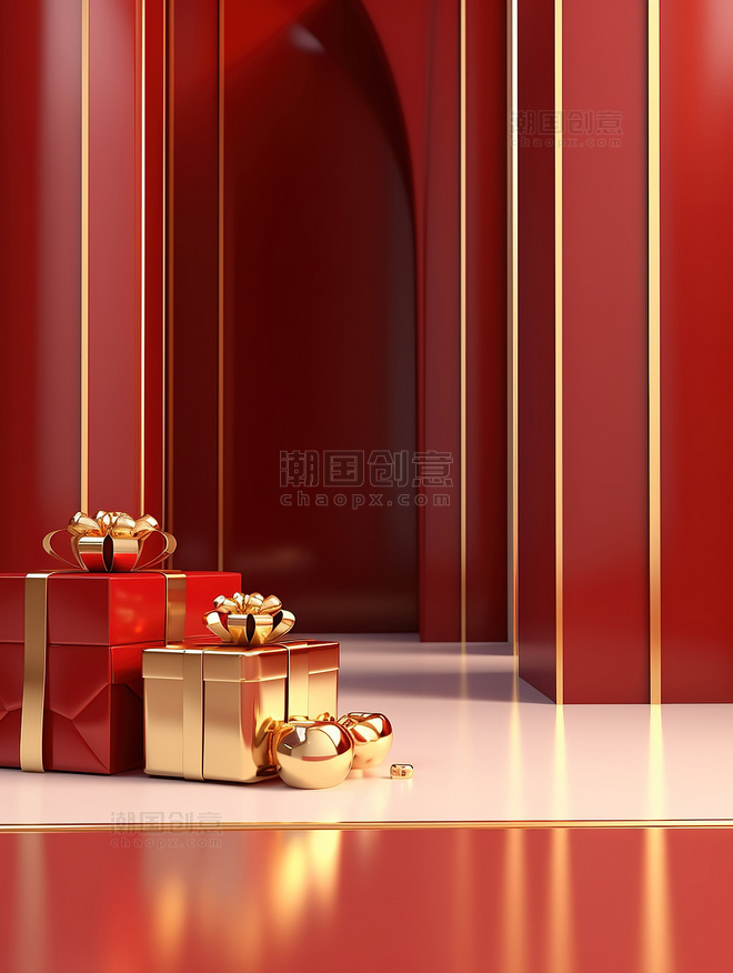 红色金色和银色的礼盒背景 
